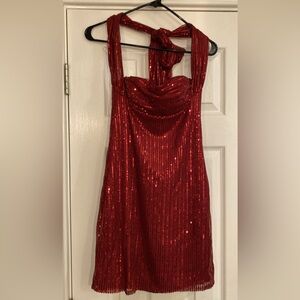 Red Sequin Halter Dress